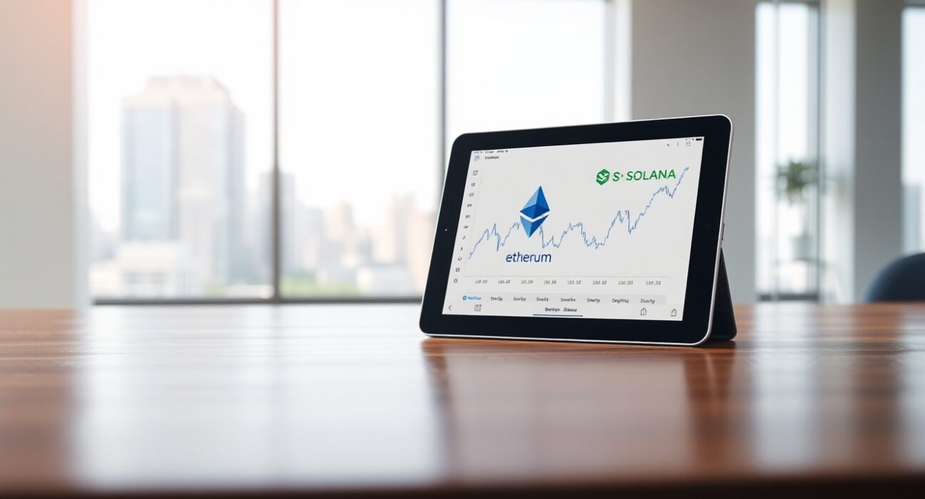 Tablet displaying Ethereum and Solana charts on a desk in a modern office setting