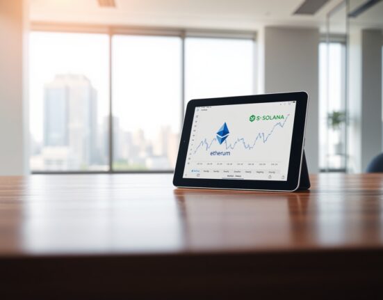 Tablet displaying Ethereum and Solana charts on a desk in a modern office setting