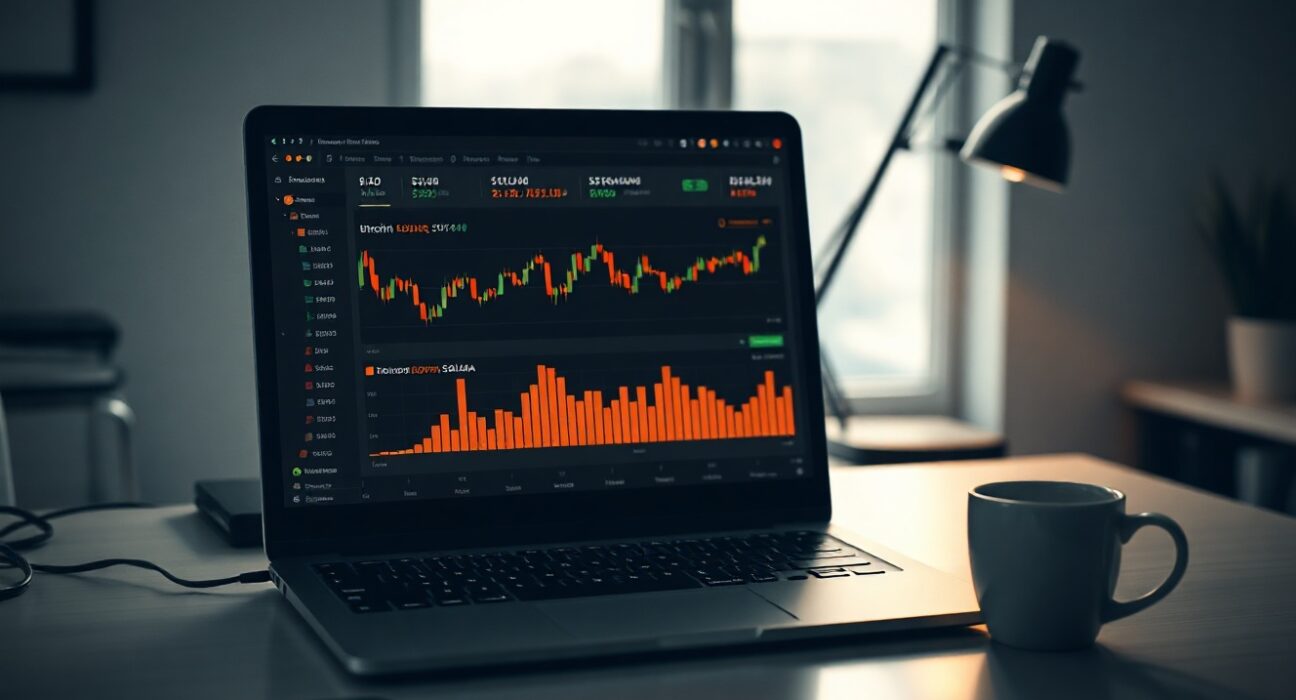Laptop screen showing cryptocurrency trading charts on E*Trade platform in a professional office setting.