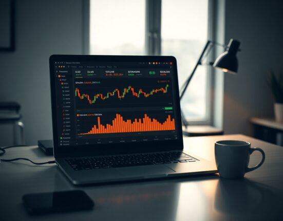 Laptop screen showing cryptocurrency trading charts on E*Trade platform in a professional office setting.