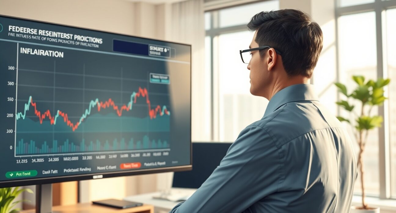 Financial analyst reviewing Federal Reserve interest rate projections and economic data charts in professional office setting