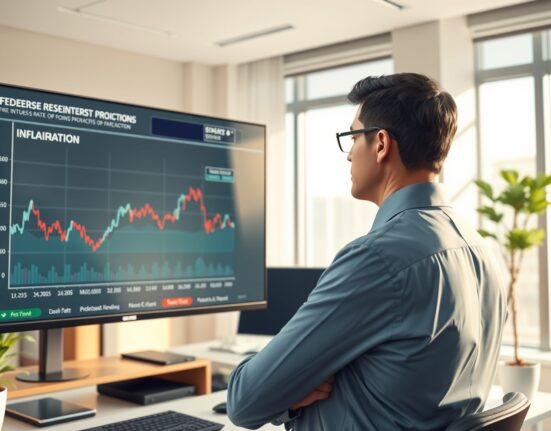 Financial analyst reviewing Federal Reserve interest rate projections and economic data charts in professional office setting