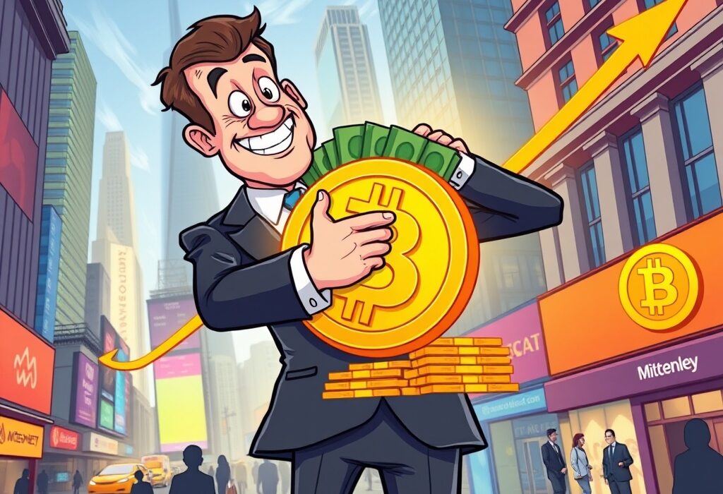 A financial institution confidently investing in spot Bitcoin ETFs, symbolizing growing institutional adoption of digital assets.