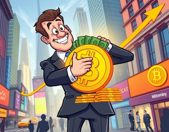 A financial institution confidently investing in spot Bitcoin ETFs, symbolizing growing institutional adoption of digital assets.