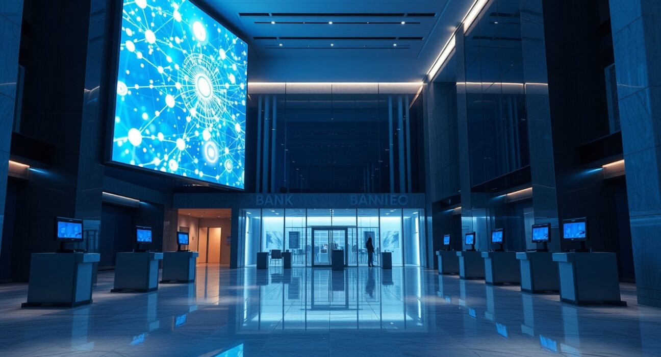 Night view of a modern bank lobby with a large digital screen displaying a tokenized blockchain network.