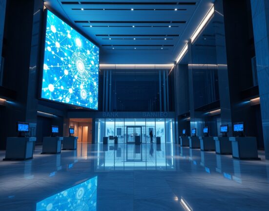 Night view of a modern bank lobby with a large digital screen displaying a tokenized blockchain network.