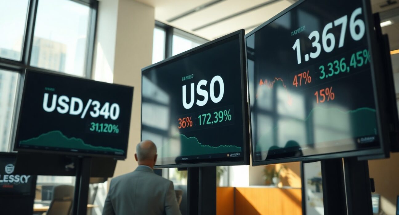 Digital trading screens showing US dollar exchange rate declines in a financial office setting