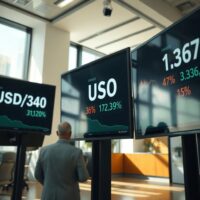 Digital trading screens showing US dollar exchange rate declines in a financial office setting