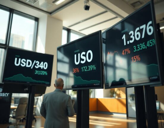 Digital trading screens showing US dollar exchange rate declines in a financial office setting