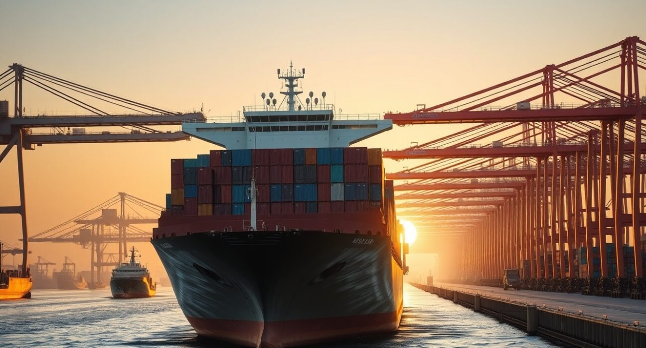 Container ship at a Chinese port at sunrise, representing strong export activity and currency implications.