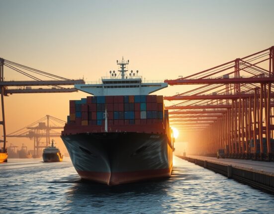 Container ship at a Chinese port at sunrise, representing strong export activity and currency implications.