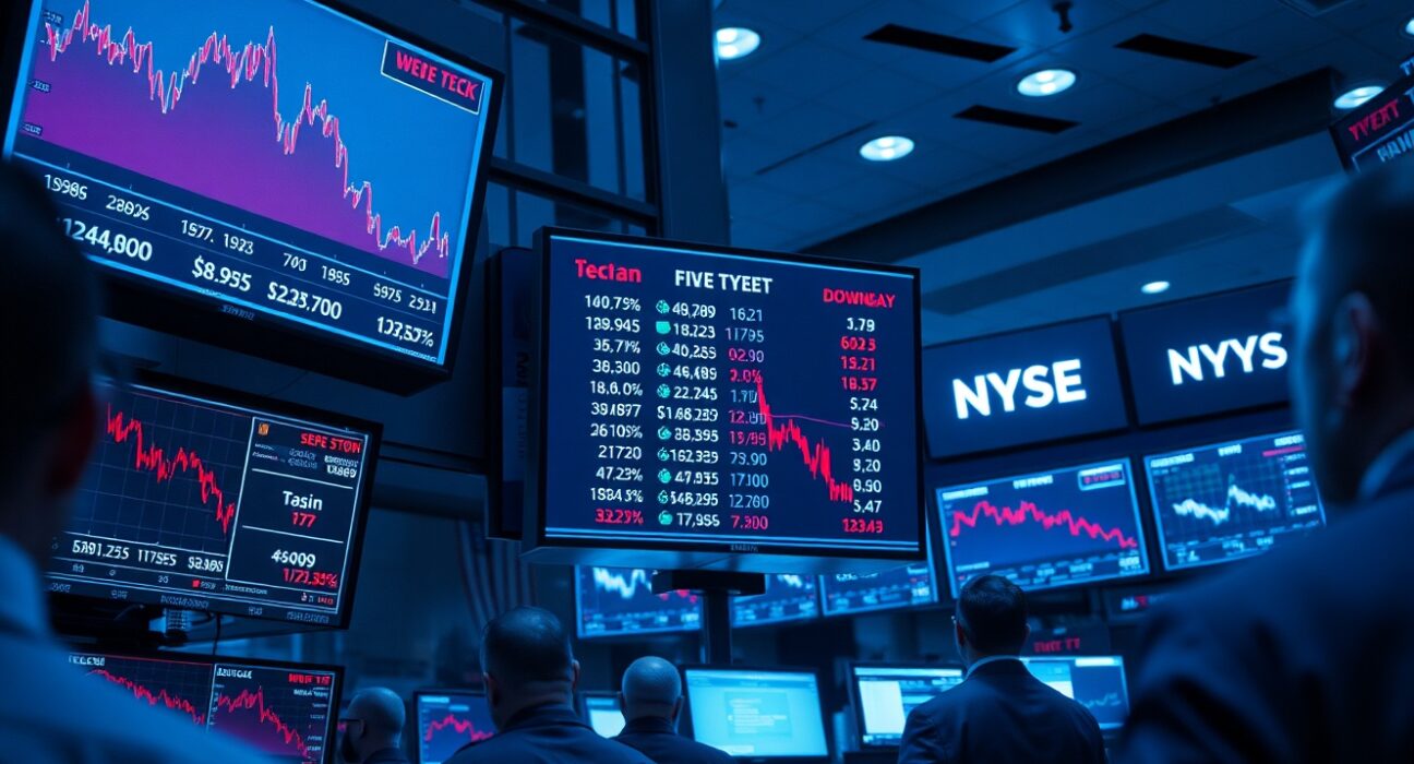 Wall Street trading floor with monitors showing declining tech stock charts