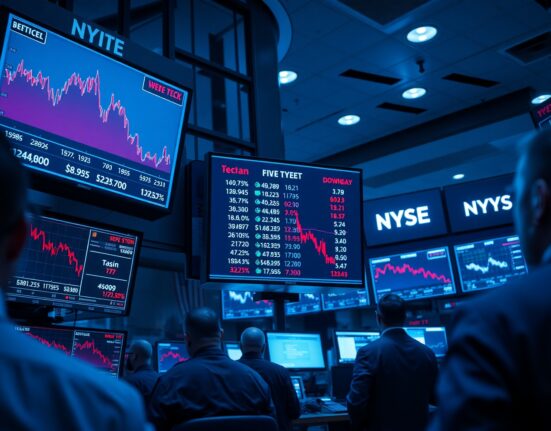 Wall Street trading floor with monitors showing declining tech stock charts