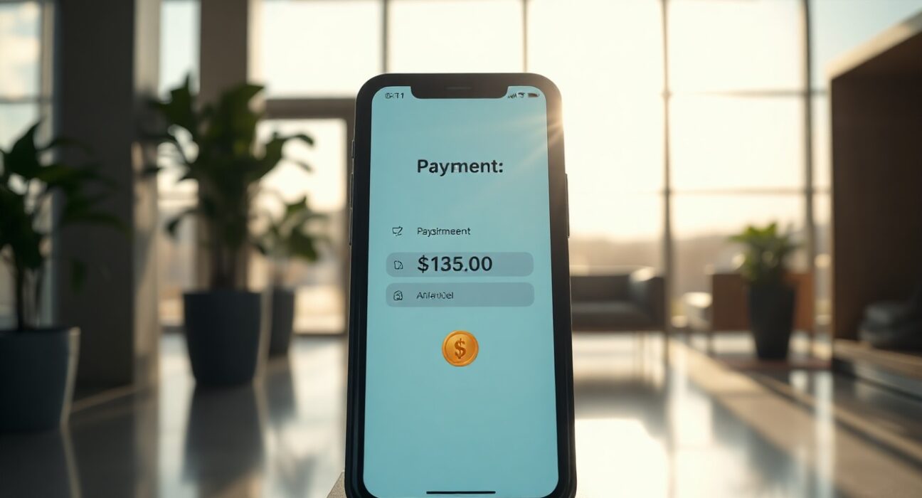 Morph Payments enterprise stablecoin platform on a smartphone screen in a modern office setting
