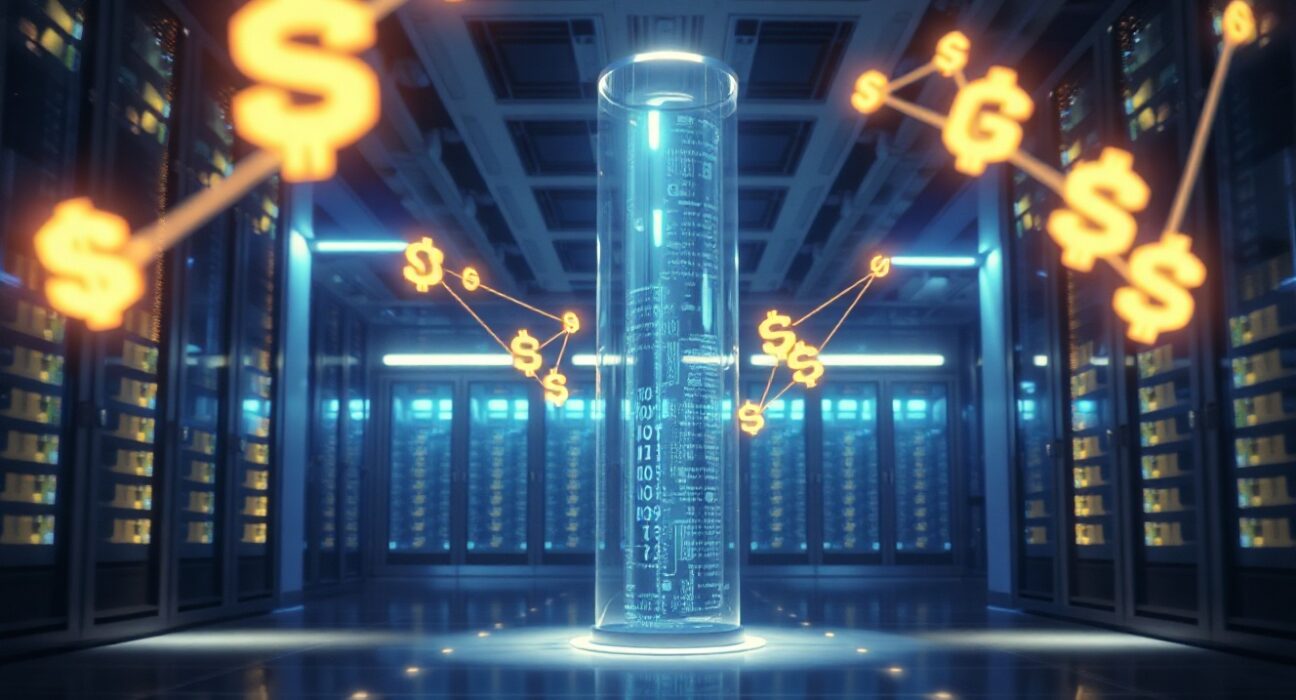 Modern data center with glowing servers and digital currency symbols representing Morpho's DeFi lending protocol