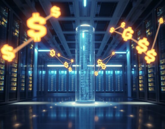 Modern data center with glowing servers and digital currency symbols representing Morpho's DeFi lending protocol