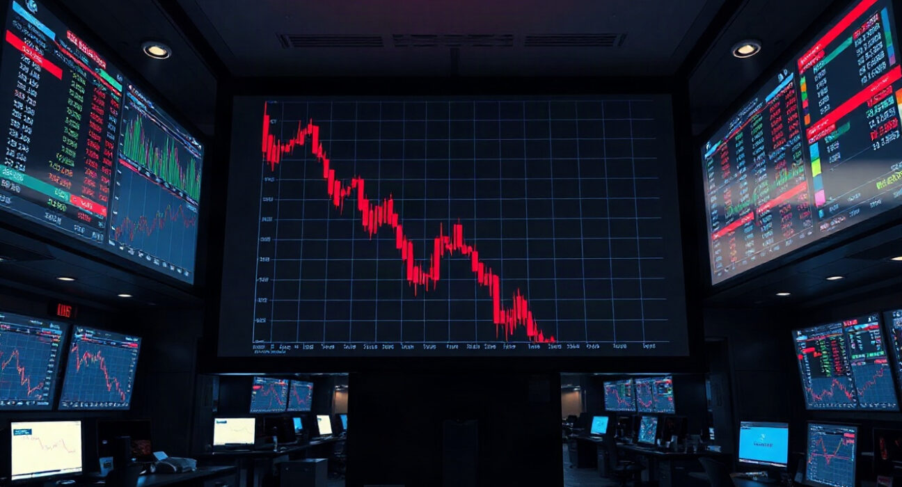 Trading screens showing a sharp price decline amid a DeFi liquidation event