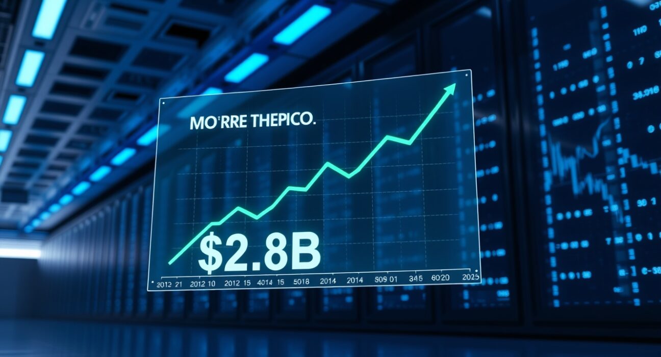 Digital display showing Morpho deposits reaching $2.8 billion with an upward trend graph in a modern data center.