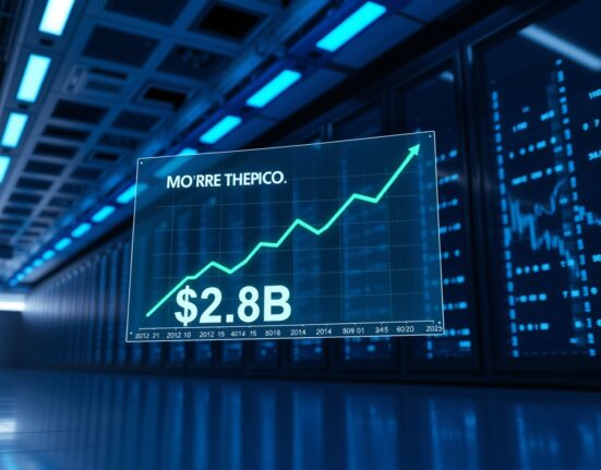 Digital display showing Morpho deposits reaching $2.8 billion with an upward trend graph in a modern data center.