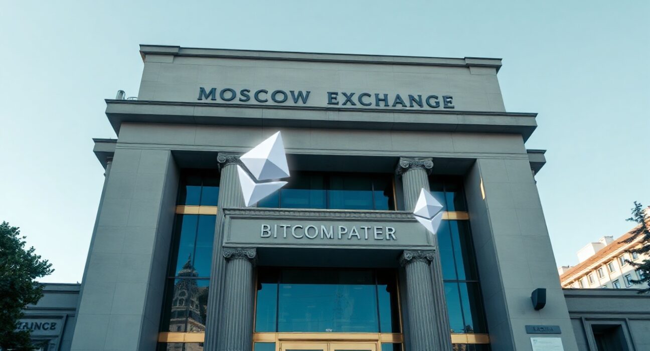 Moscow Exchange building with digital Bitcoin and Ethereum symbols overhead, representing planned crypto futures.