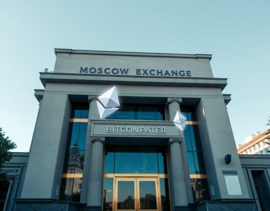 Moscow Exchange building with digital Bitcoin and Ethereum symbols overhead, representing planned crypto futures.