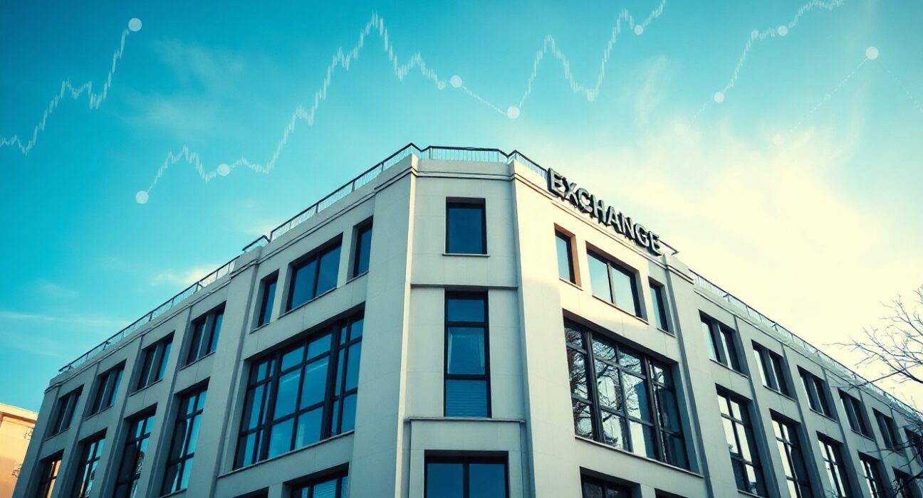 Moscow Exchange building with digital financial graphics overlay representing crypto trading plans