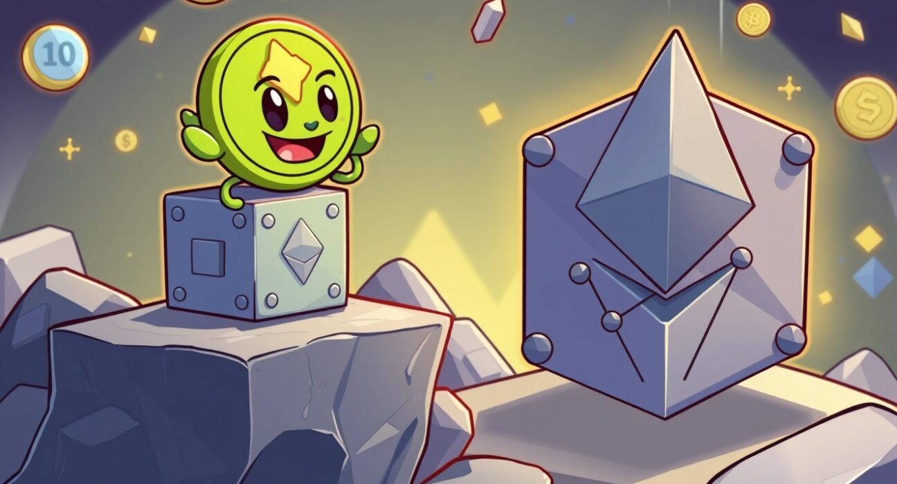 A cartoon Moss Coin character successfully completes its Ethereum migration, symbolizing a major blockchain transition.