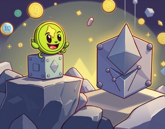 A cartoon Moss Coin character successfully completes its Ethereum migration, symbolizing a major blockchain transition.