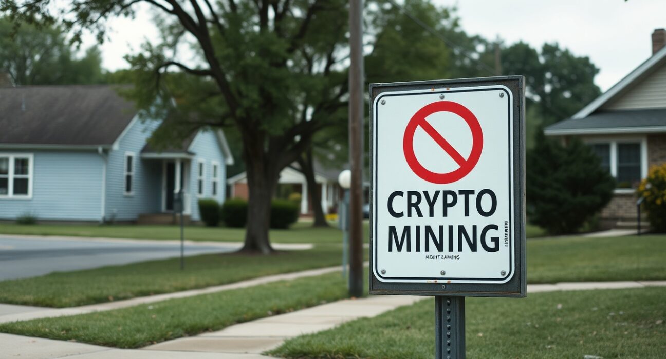 Mount Carmel, Tennessee city sign and residential street with 'No Crypto Mining' notice