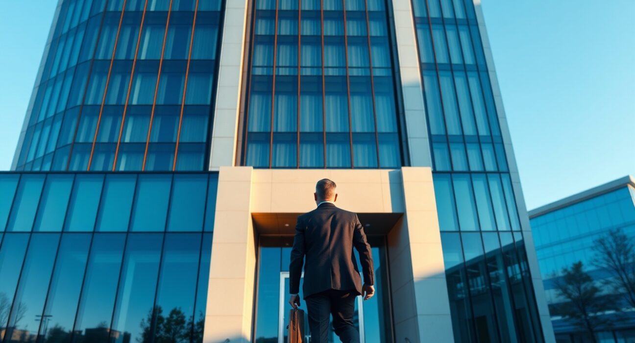 Modern office building exterior with a businessman walking toward the entrance, representing corporate clarity and financial separation.