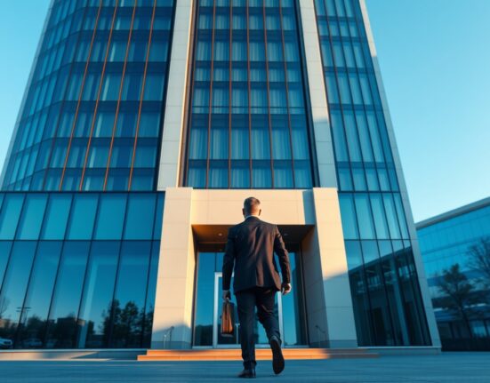 Modern office building exterior with a businessman walking toward the entrance, representing corporate clarity and financial separation.