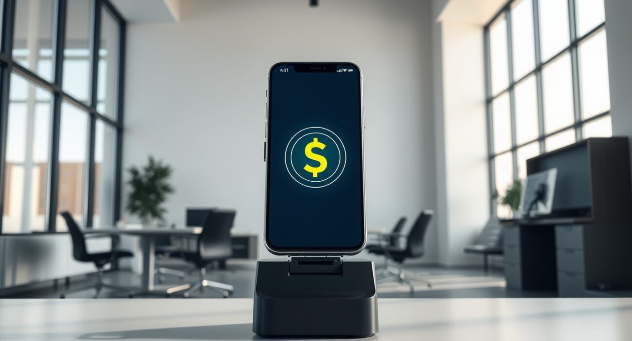 Digital stablecoin payment transaction interface in a modern office setting