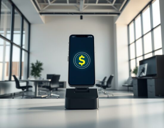 Digital stablecoin payment transaction interface in a modern office setting
