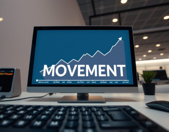Futuristic digital display showing an upward trending graph for Movement (MOVE) cryptocurrency