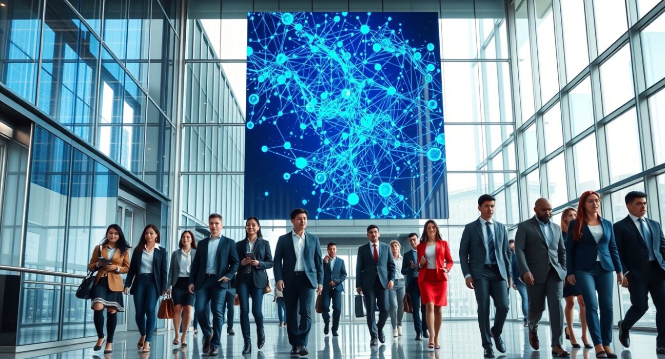 Modern office lobby with blockchain visualization display, representing Movement's fintech pivot