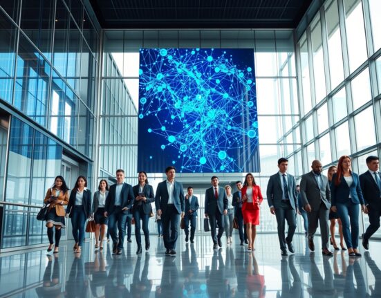 Modern office lobby with blockchain visualization display, representing Movement's fintech pivot
