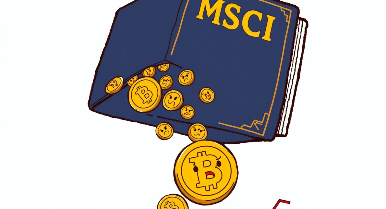 Cartoon illustration of the MSCI crypto delisting causing Bitcoin coins to fall off a financial index.