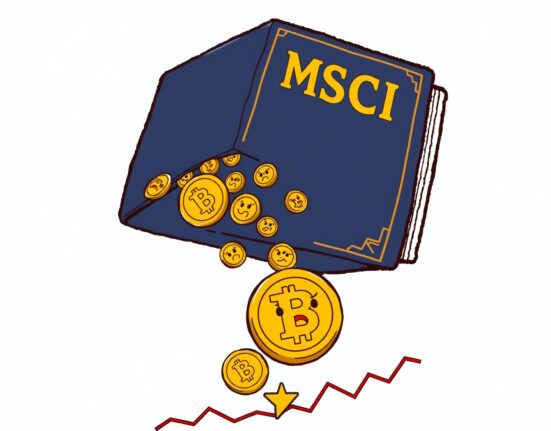 Cartoon illustration of the MSCI crypto delisting causing Bitcoin coins to fall off a financial index.