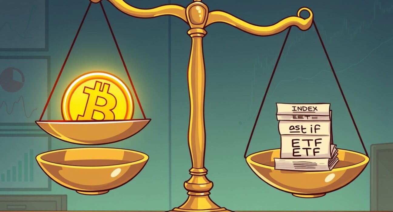 Cartoon illustration of a scale tipping under the weight of large crypto holdings versus traditional assets.