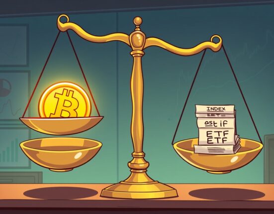 Cartoon illustration of a scale tipping under the weight of large crypto holdings versus traditional assets.