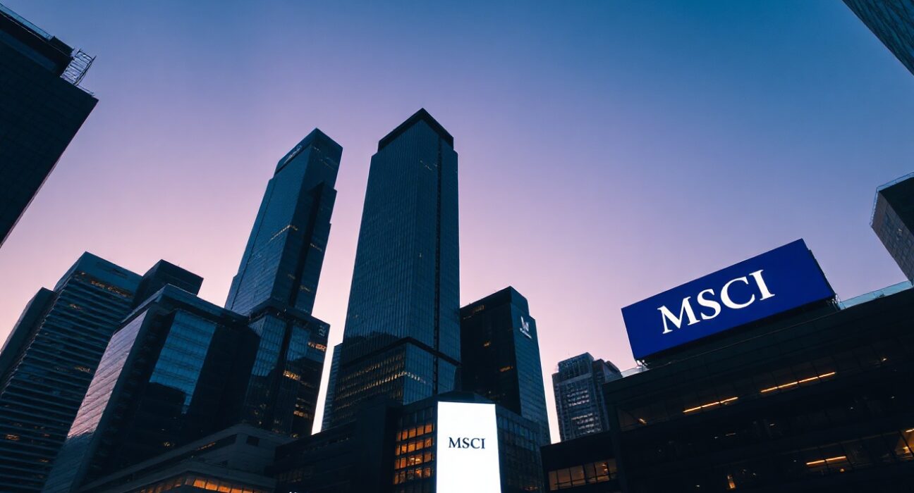 Global financial district skyline at dusk, symbolizing MSCI index rebalancing.