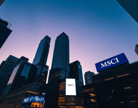 Global financial district skyline at dusk, symbolizing MSCI index rebalancing.