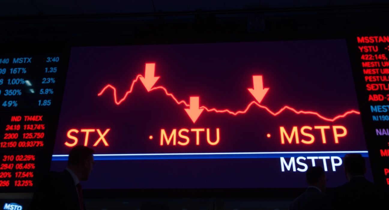 Stock market display showing sharp declines for MicroStrategy leveraged ETFs MSTX, MSTU, and MSTP.