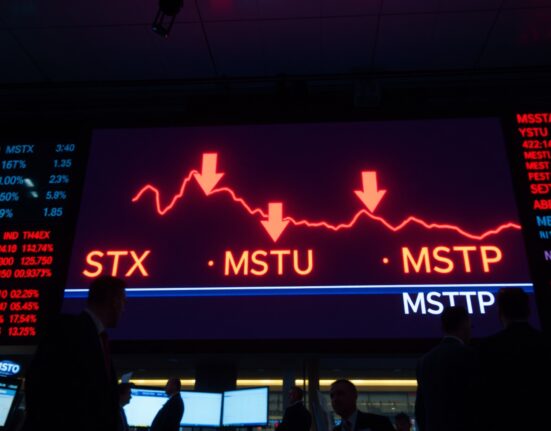 Stock market display showing sharp declines for MicroStrategy leveraged ETFs MSTX, MSTU, and MSTP.