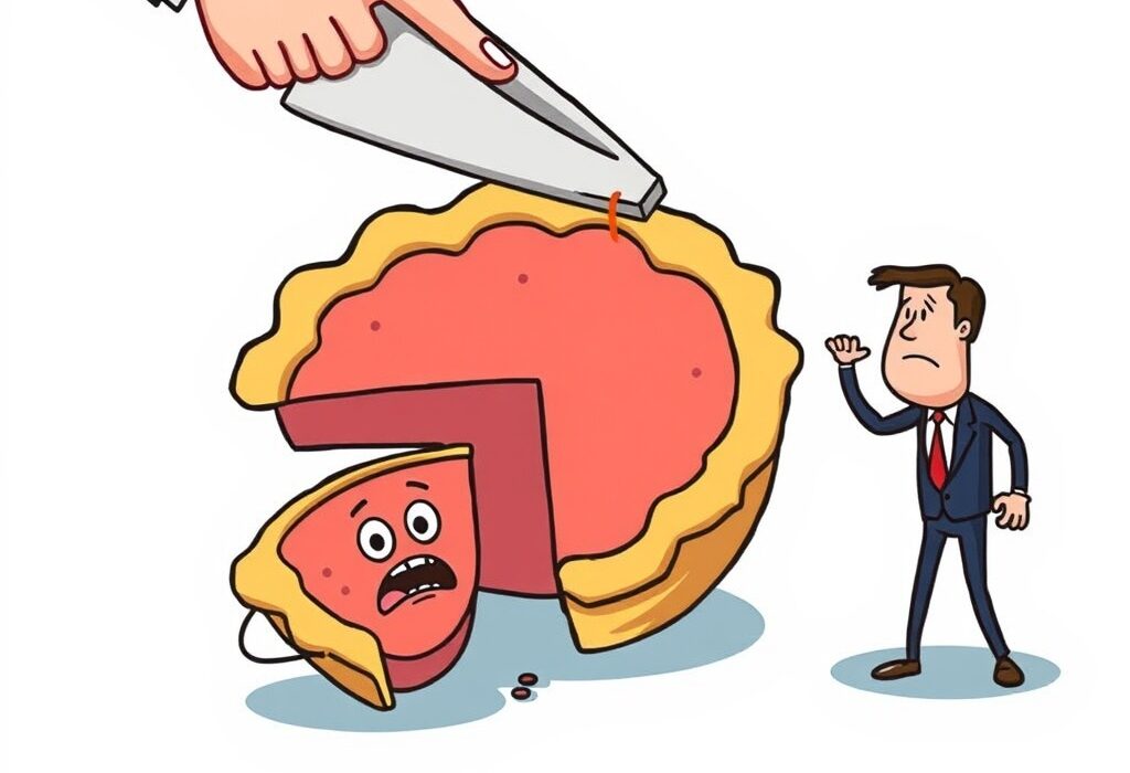 Cartoon illustration showing a shrinking share of a pie, symbolizing the impact of MSTR shareholder dilution on investors.