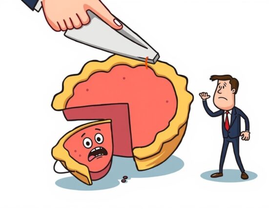 Cartoon illustration showing a shrinking share of a pie, symbolizing the impact of MSTR shareholder dilution on investors.