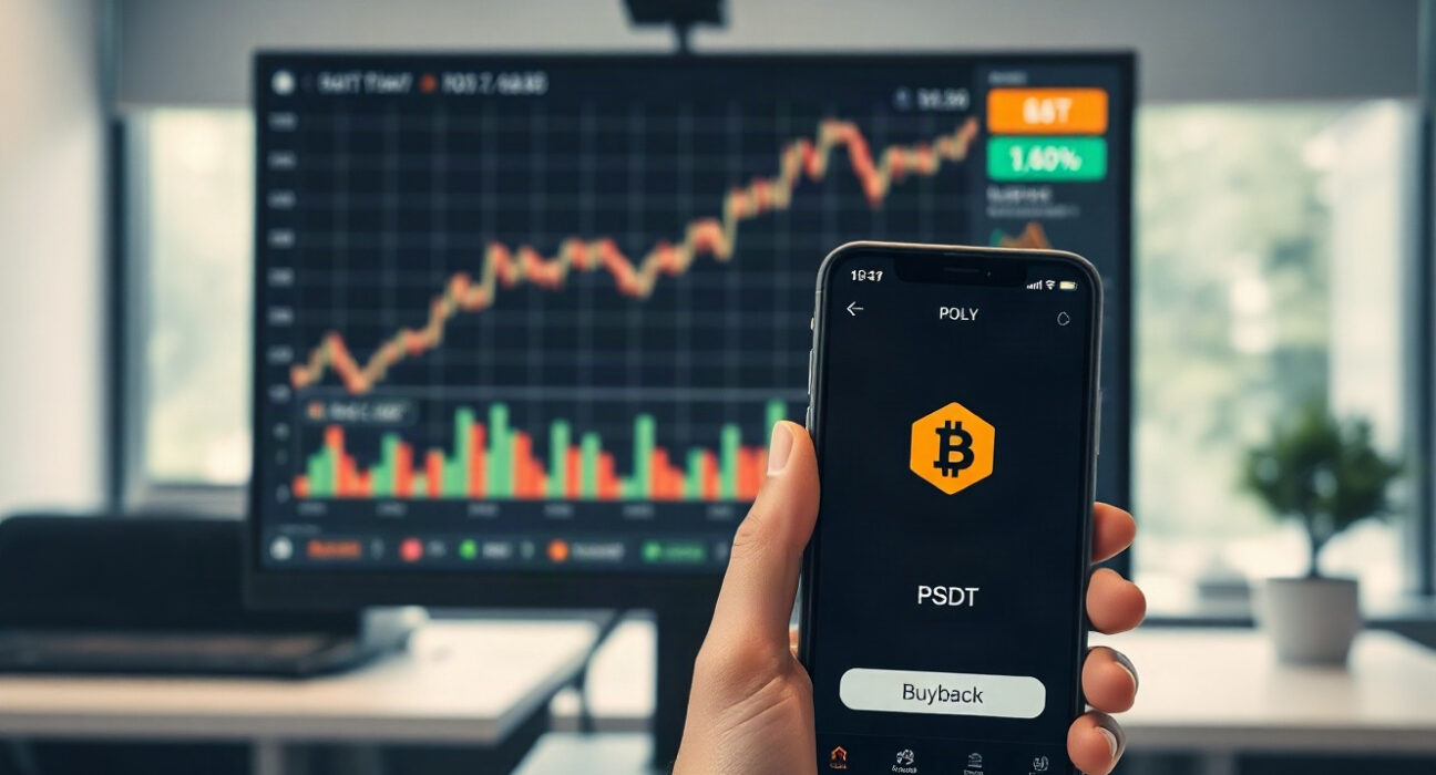 Trading monitor showing Polymarket token price chart with USDT wallet on smartphone in foreground