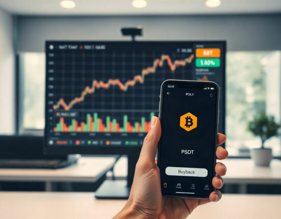 Trading monitor showing Polymarket token price chart with USDT wallet on smartphone in foreground
