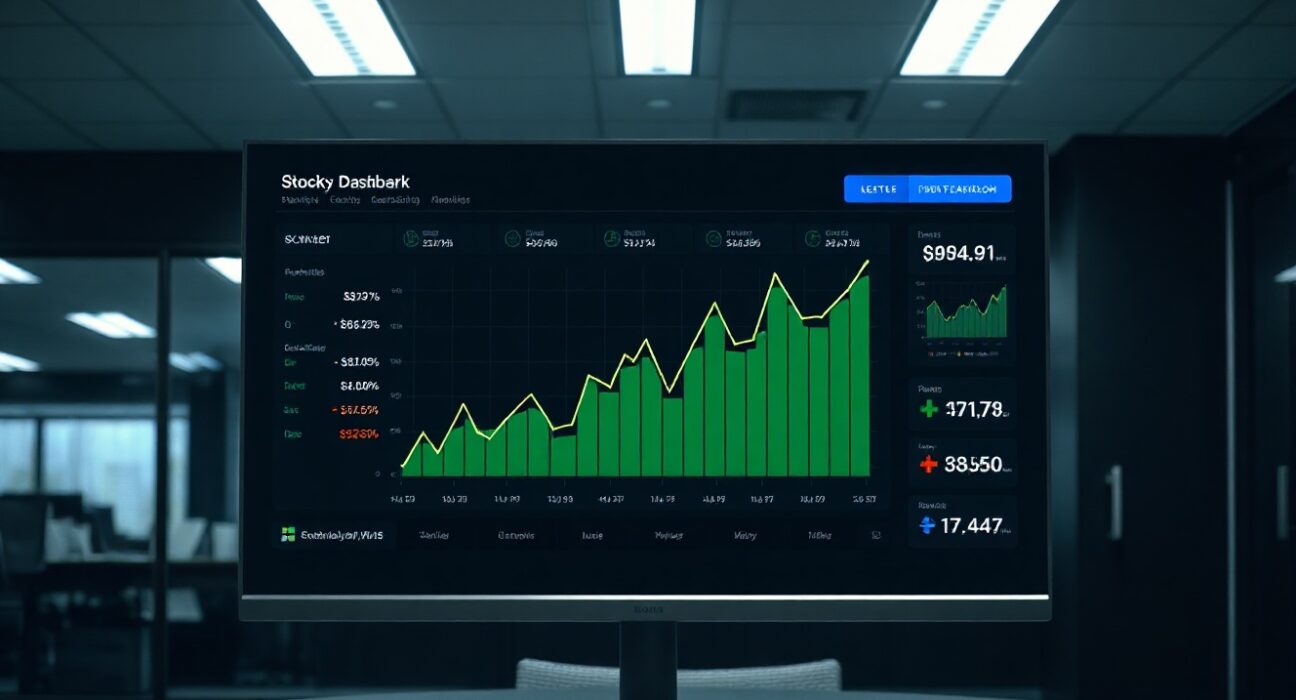 Digital dashboard displaying a stock market chart with green upward trends in a professional office setting.