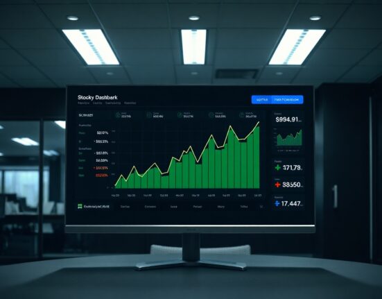 Digital dashboard displaying a stock market chart with green upward trends in a professional office setting.